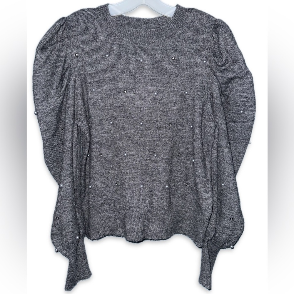 a new day Gray Puff sleeve Faux Embellished Sweatshirt Sz Small